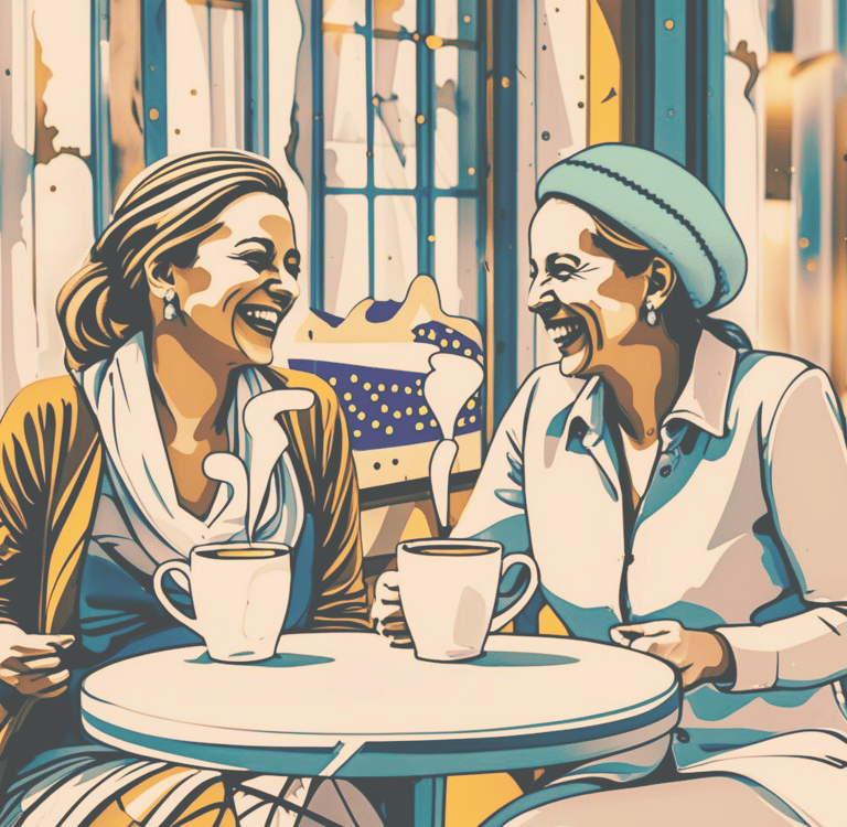 Two women sat drinking coffee together