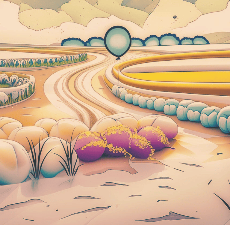 A balloon floating down a winding path