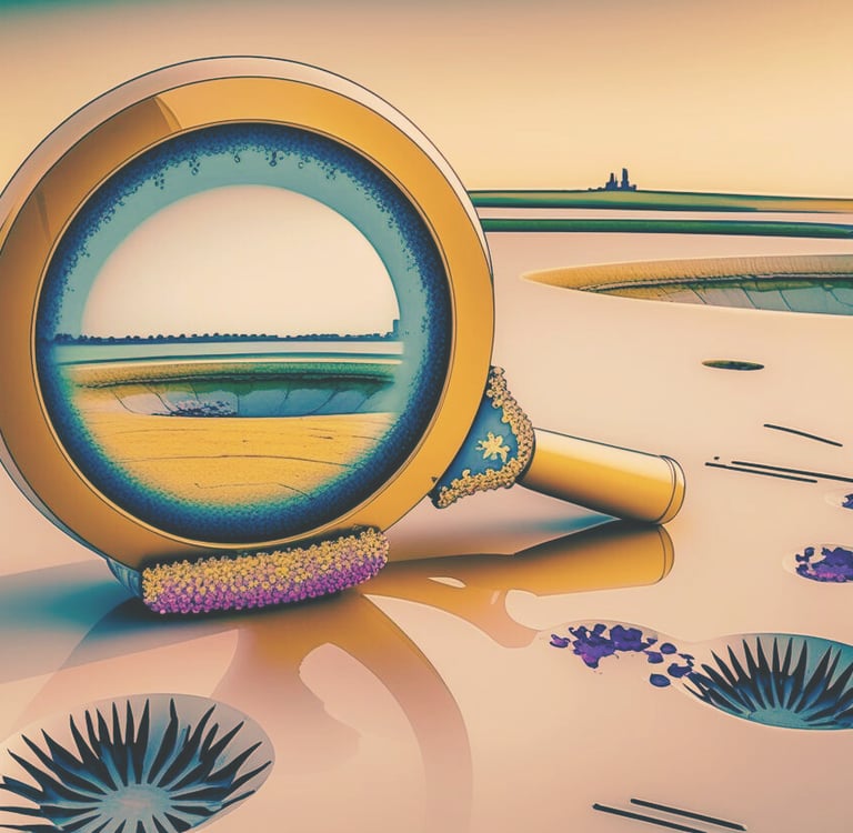 A magnifying glass in a surreal landscape