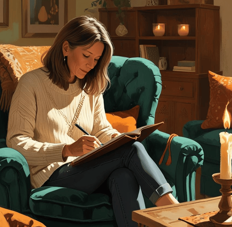 Woman in armchair writing a book