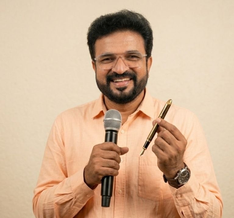 Smiling male professional speaker holding a microphone and fountain pen while giving a presentation.