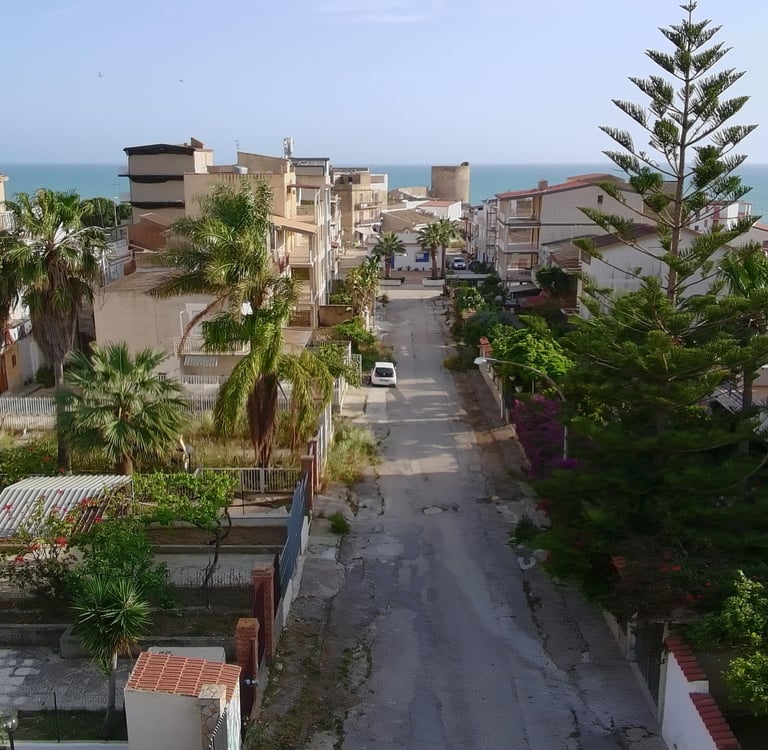 Front drone view , from the coliving for digital nomdas Co.bay Torre di Gaffe, Agrigento, Sicily, Italy