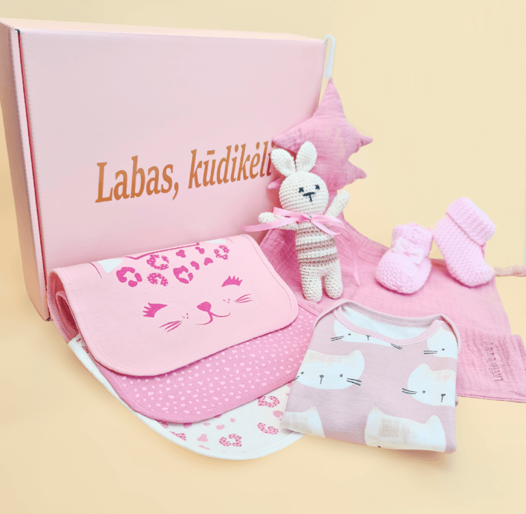 Labas kųdikėli dovanų rinkinys su rankų darbo zuikiu, seilinukasi, rožiniu migduku ir bodžiuku
