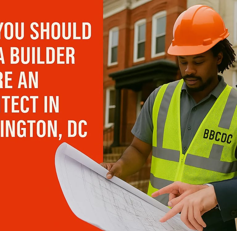 A general contractor and architect reviewing renovation plans in front of Washington, DC rowhouses with text overlay reading 