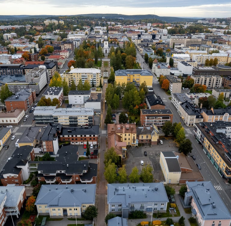 Drone aerial scenery of the city of Kuopio eastern finland Europe. Skyline and street view of the town