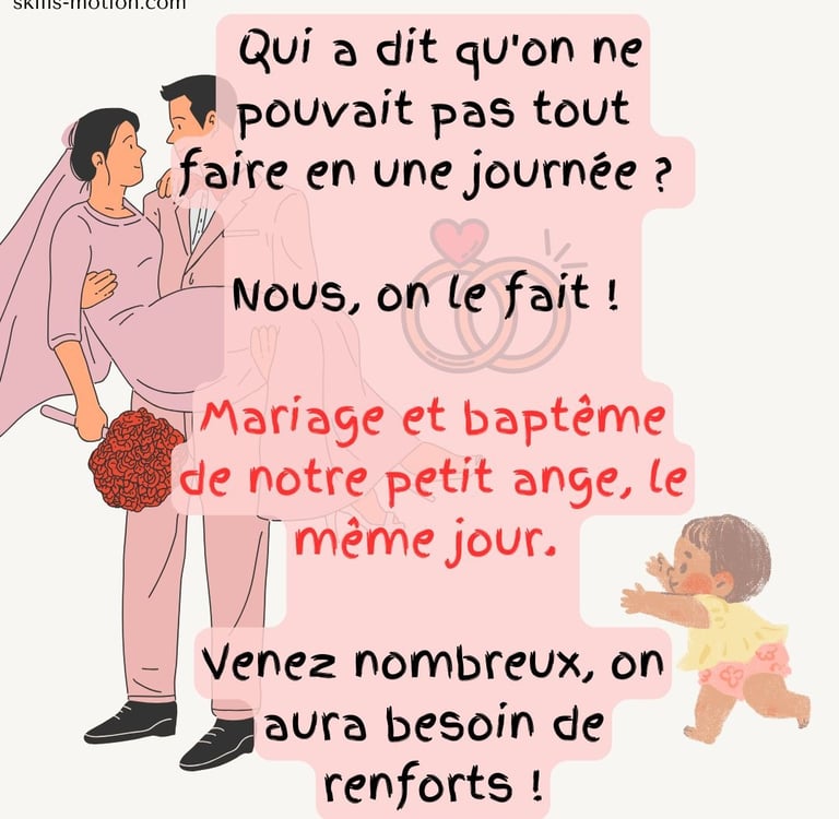 faire-part humoristique de mariage avec bapteme le meme jour