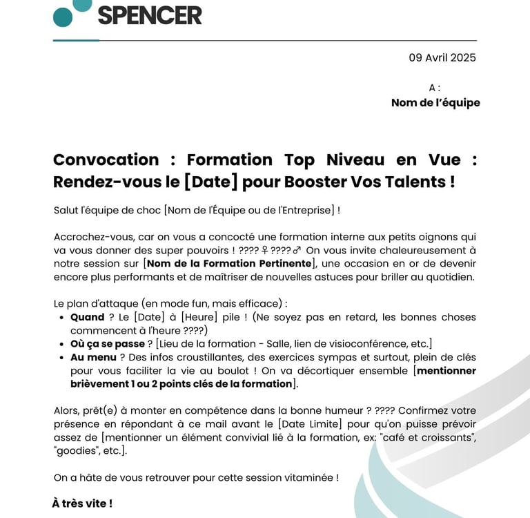 Modele de lettre de convocation à une formation interne
