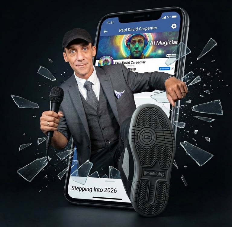 Paul David Carpenter AI Magician emerging from a smartphone in a surreal AI-generated image