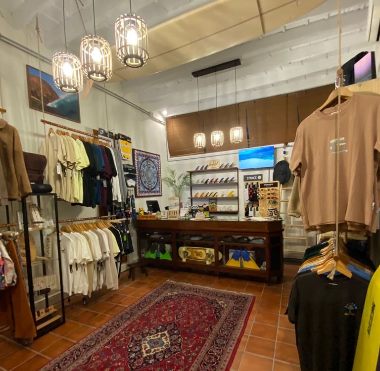 Surf shop and clothing store with a variety of clothes and accessories