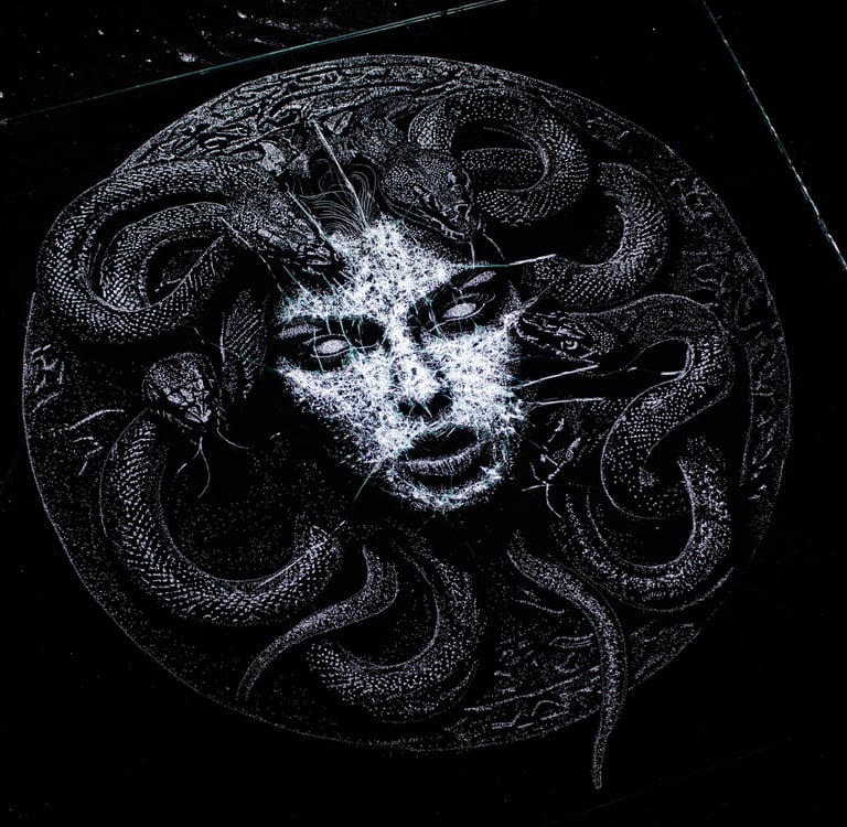 Medusa - Original broken glass sculpture from the Mythology Series by Yasin Uca
