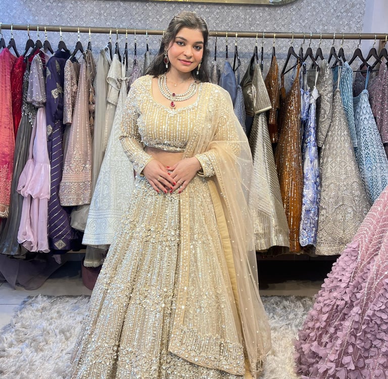 Bridal and festive designer lehengas available on rent in Rohini, Delhi.