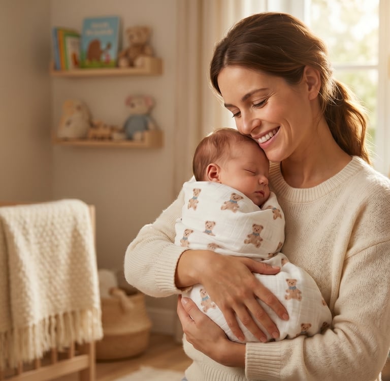 A smiling mother holds a sleeping newborn baby wrapped in a teddy bear print muslin swaddle in a nursery.