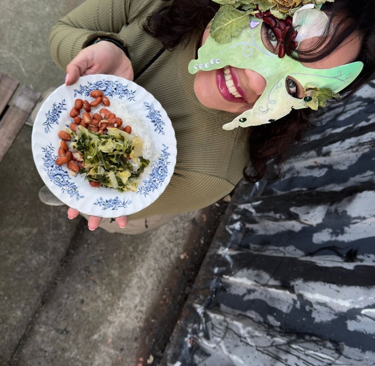 rice beans and kale with mask