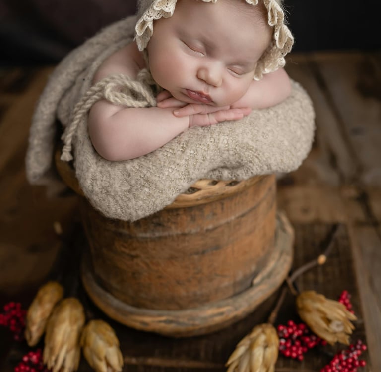 a baby in a basket with a hat on