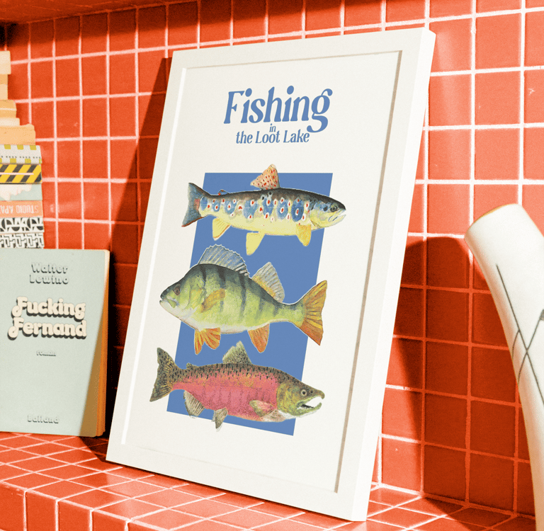 Poster Fishing in the loot lake orange tiles background