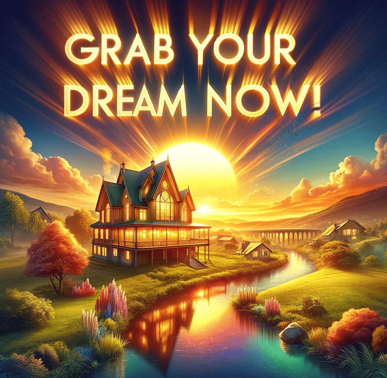 a house with a sunset and a river in the background