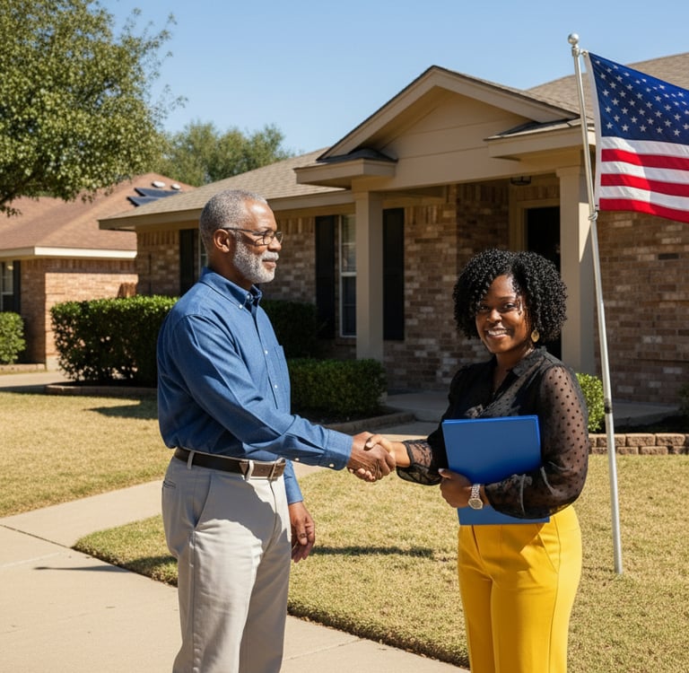 a man and woman shaking hands in front of a flag