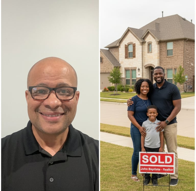 a man and woman standing in front of a sold sign