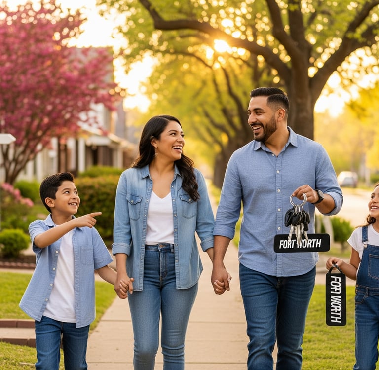 a family walking down a sidewalk with a sign that says for sale