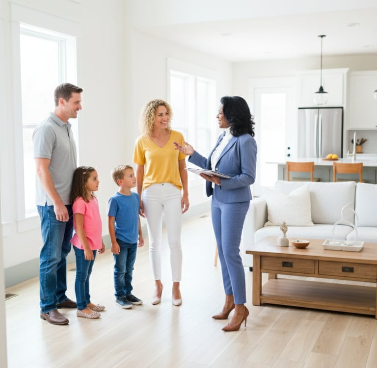 a family standing in a living room with a baby in the middle of the room