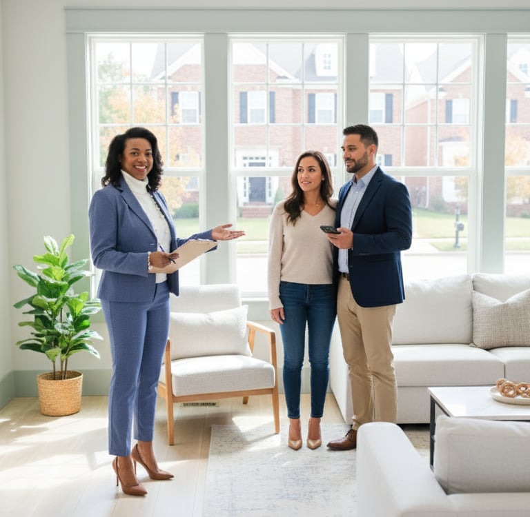 a couple of people standing in a living room