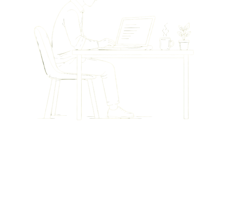 Line art illustration of a male developer coding on a laptop at a desk with coffee.