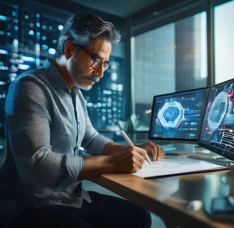 Un hombre adulto trabajando en un escritorio utilizando una computadora con inteligencia artificial