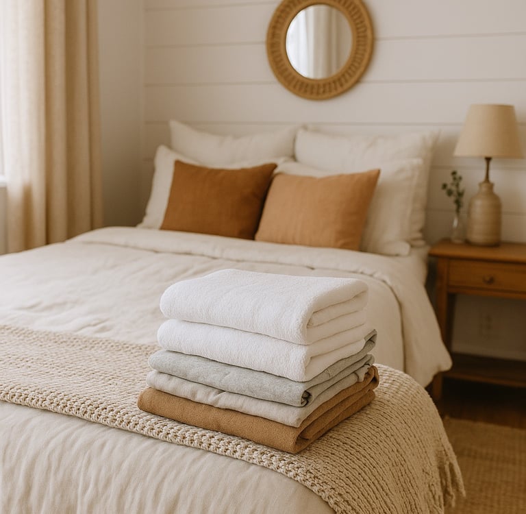 Cozy Airbnb setup with folded laundry