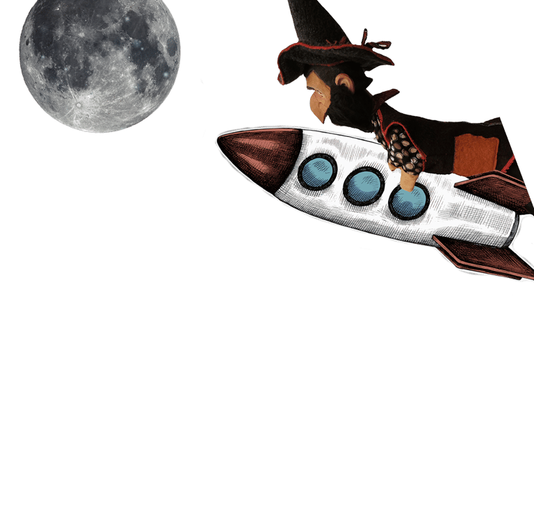 Der Räuber Hotzneplotz fliegt auf einer Rakete Richtung Mond