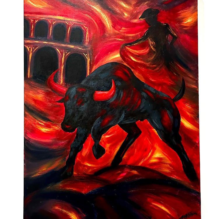 a painting of a man riding a bull in a red and black and white painting