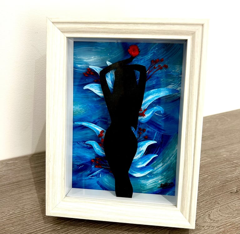 a painting of a woman in black and a red flower