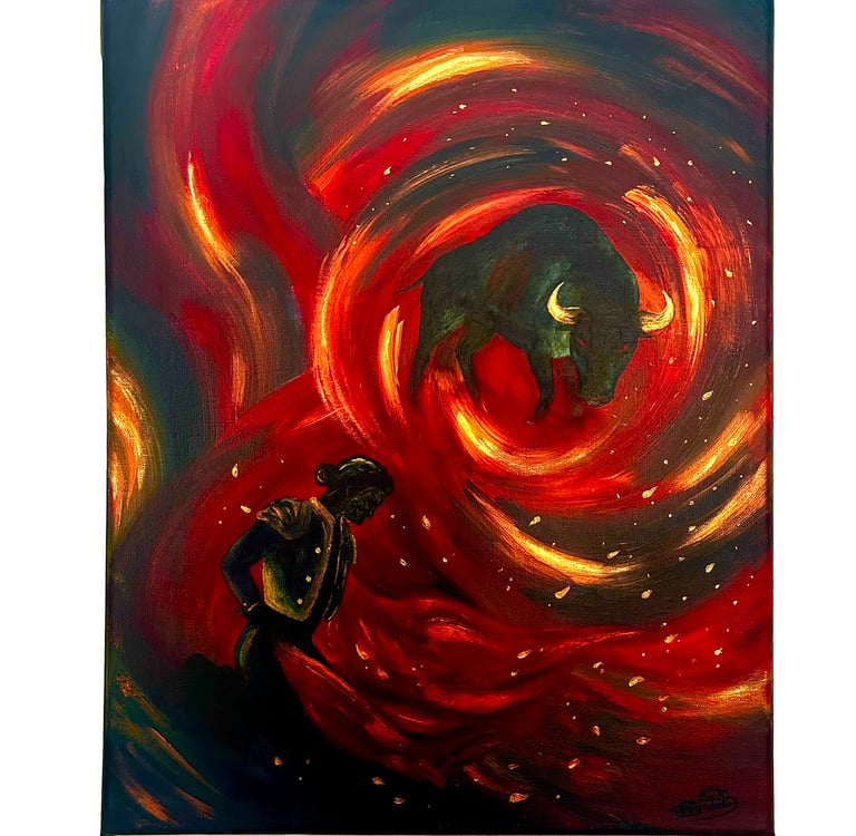 a painting of a man with a bull