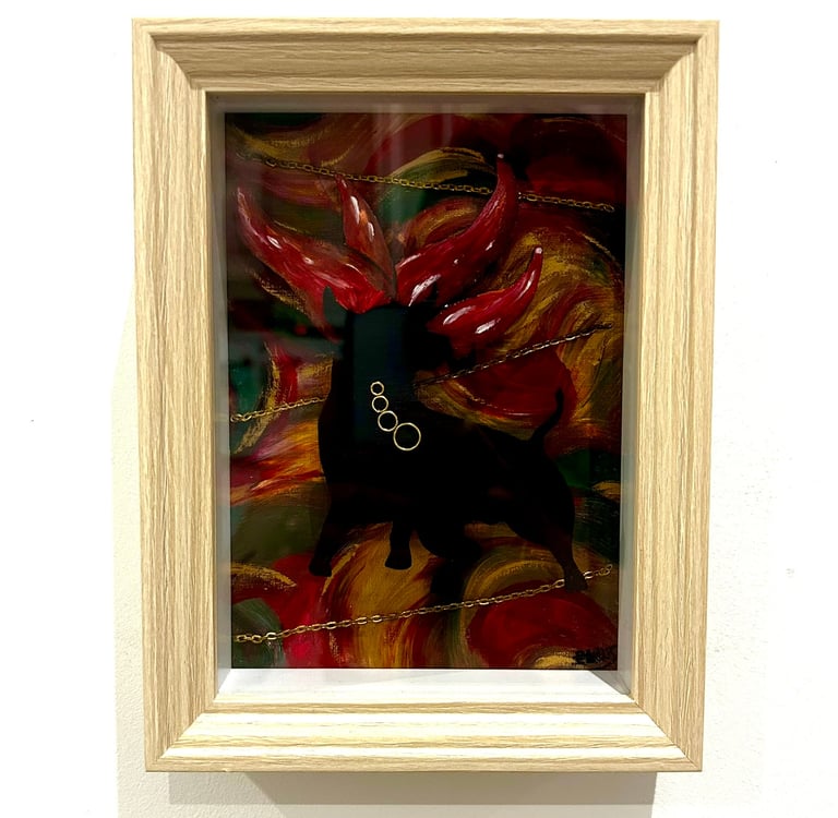 Ilona Paris painting, a picture of a picture of a bull with fire