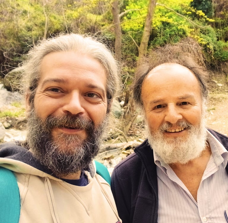 Medical herbalist Emmanuil Manos (left) and Panayiotis Giannakoulas (right) at Drakeia village,