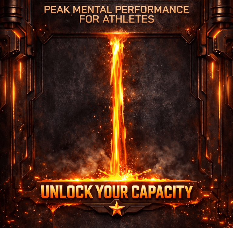 Capacity peak mental performance for athletes poster featuring molten metal and glowing orange text.