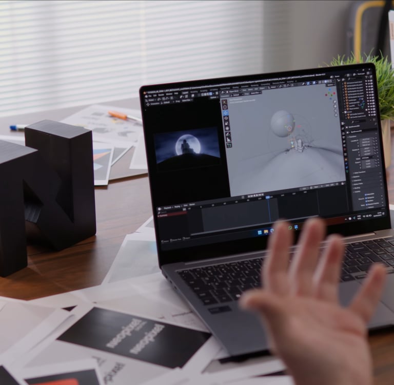 A person sitting at a desk with a laptop computer showing 3D animation software - Neopixel Digital