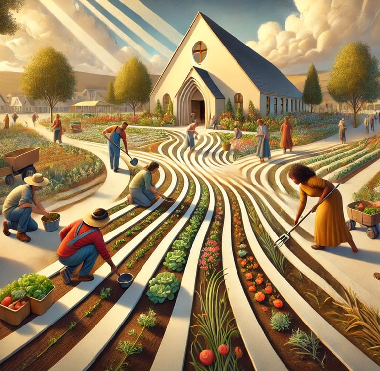 Uma comunidade acolhedora, com pessoas de diferentes idades e etnias trabalhando juntas em Fé cristã