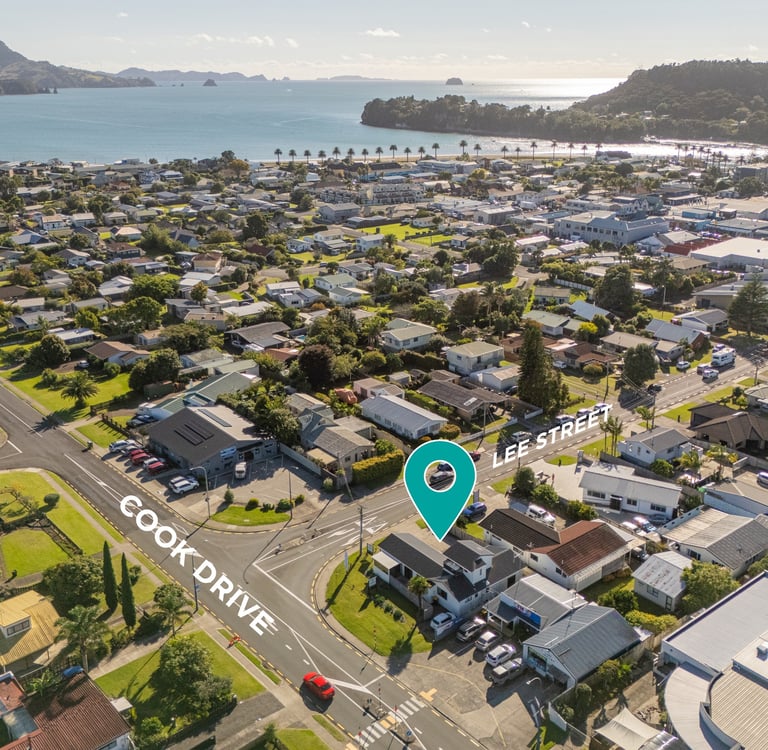 Birds eye view Whitianga - Cook Drive & Lee Street