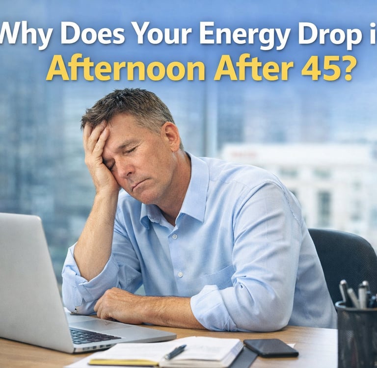 Man in his 50s feeling afternoon fatigue at work representing the common energy crash many adults experience after 45