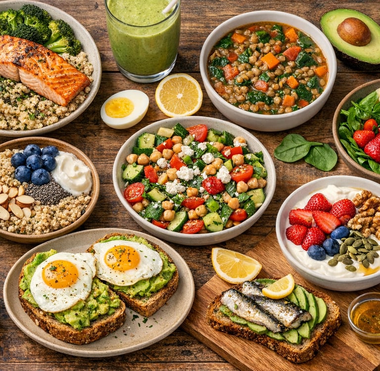 Healthy meals with eggs, salmon, avocado, oats and vegetables that support energy and vitality after age 45