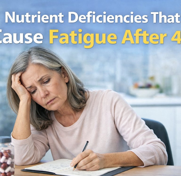 Woman over 50 looking tired reviewing nutrition notes representing nutrient deficiencies that may cause fatigue after 45