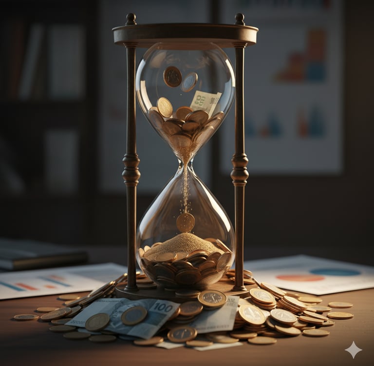 Uma ampulheta com dinheiro no lugar da areia.