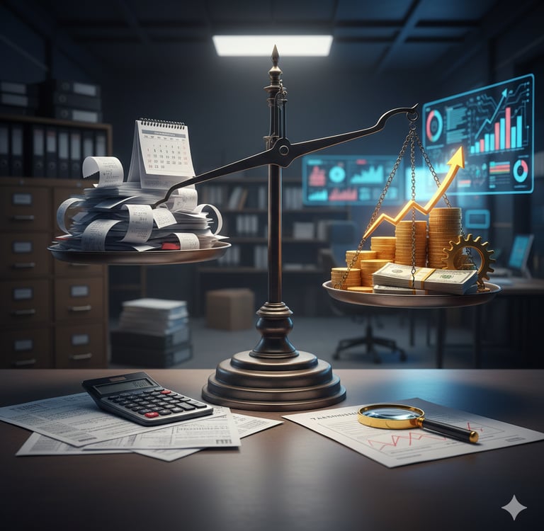 Uma balança apresentando desequilíbrio financeiro e burocrático.