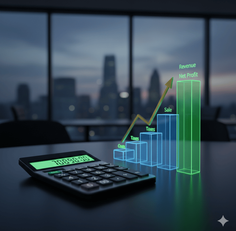 Gráfico de crescimento de negócios digitais e uma calculadora.