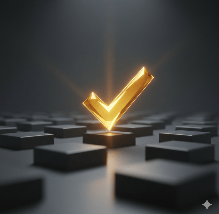 Ícone de marca de seleção dourada brilhante sobre um pedestal escuro, representando sucesso e valida