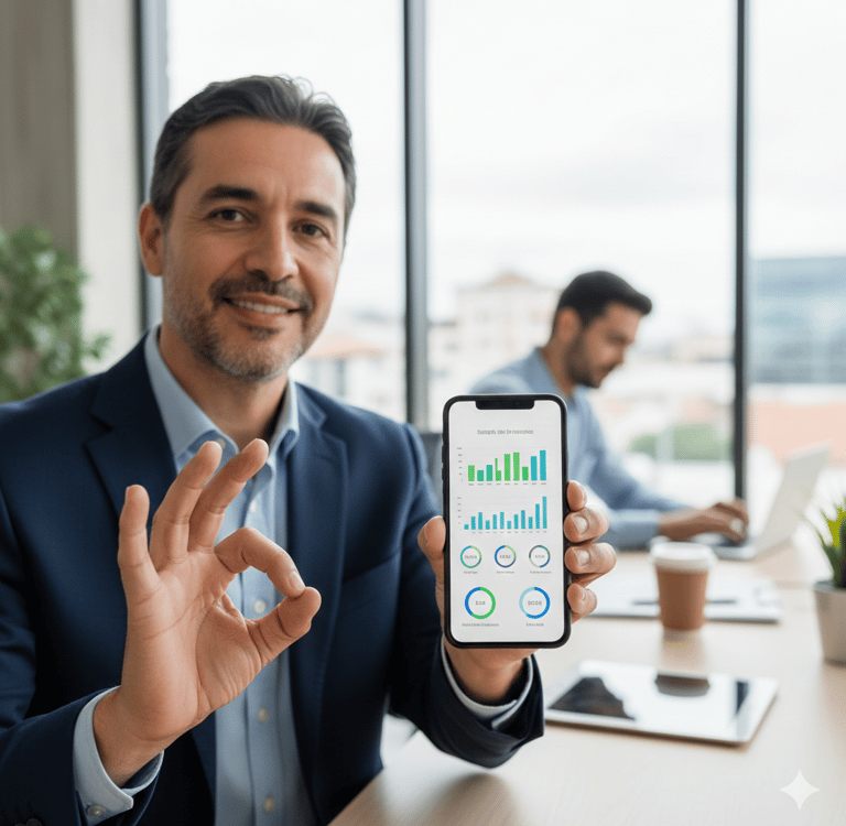 Um empresário mostra um aplicativo móvel de análise de dados com gráficos financeiros