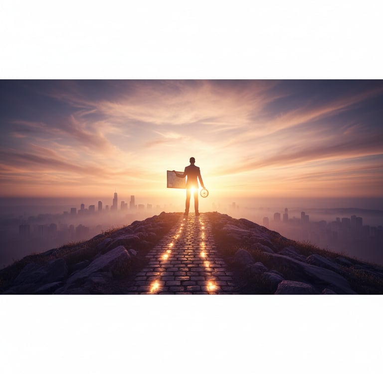 Um homem em pé em uma colina com um mapa e uma bússola.