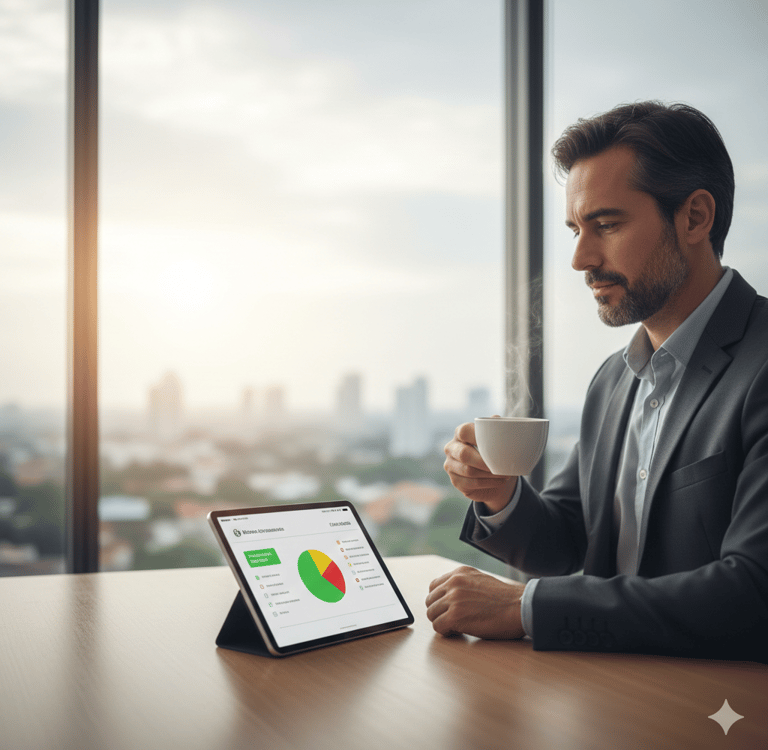 Homem de negócios em um escritório moderno analisando gráficos de dados em um tablet