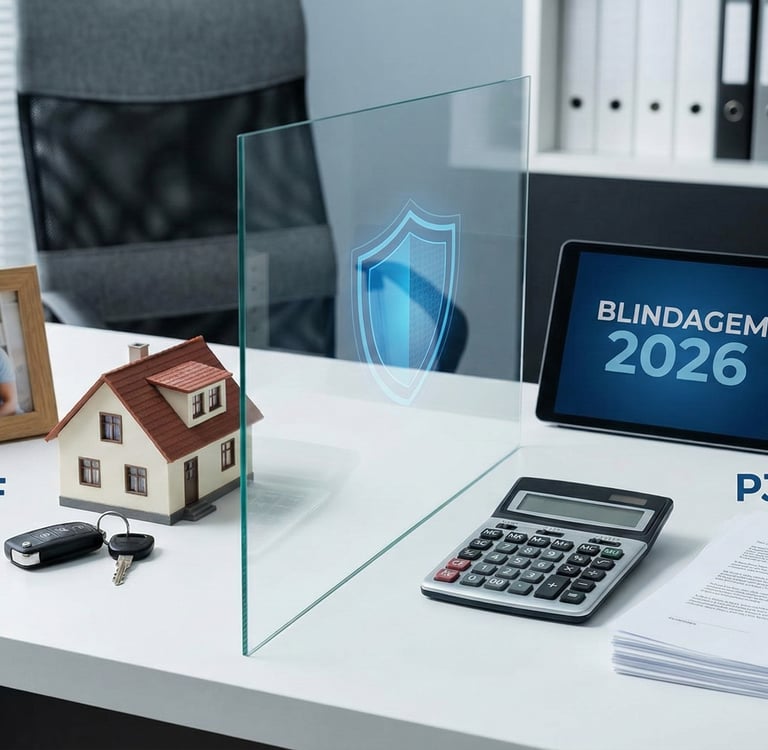 Patrimônios pessoais e empresariais separados sobre uma mesa de escritório.