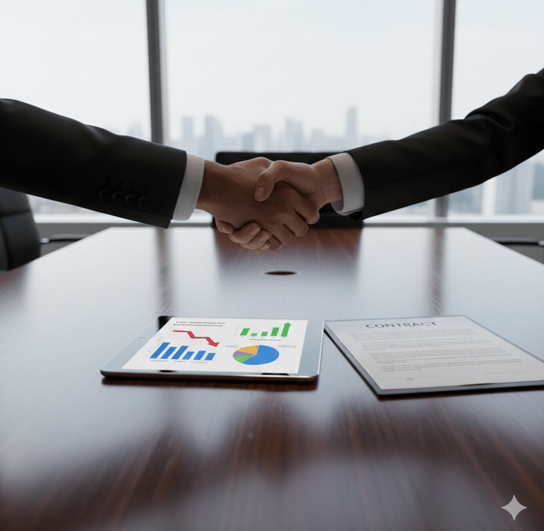 Profissionais de negócios apertando as mãos em uma mesa de conferência